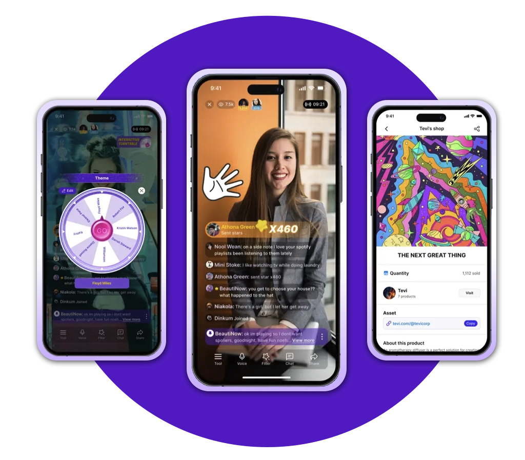Three smartphones displaying different apps. The left phone shows a colorful spinning wheel, the center phone features a live chat with a person and comments, and the right displays an abstract art