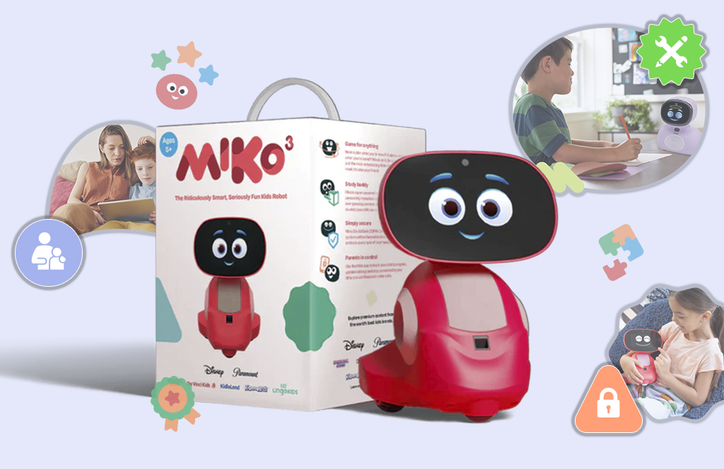 A red interactive robot named Miko  is displayed alongside its packaging, which features an image of Miko. Additional images show children using the robot in various educational and interactive scenarios.