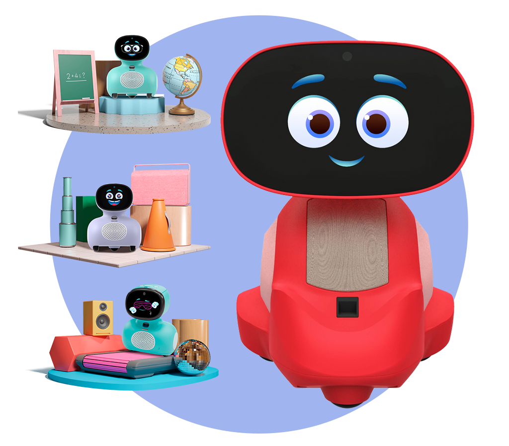 A red interactive robot named Miko displayed prominently in the center with a smiling face on a screen. Smaller images surrounding it show the robot in various table setups with books, a globe, and educational tools