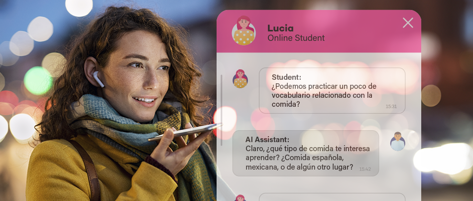A woman using a smartphone with an AI language learning app. The app shows a conversation in Spanish about practicing food-related vocabulary. She is outdoors with city lights blurred in the background.