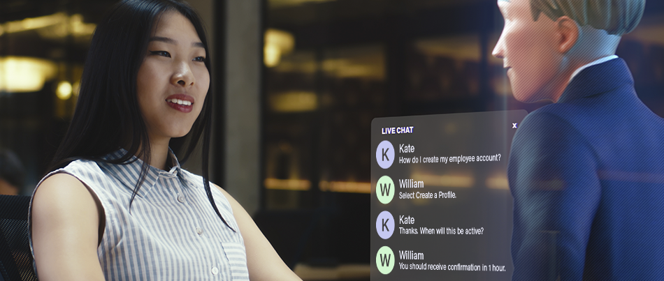A woman is interacting with a virtual assistant displayed on a screen.