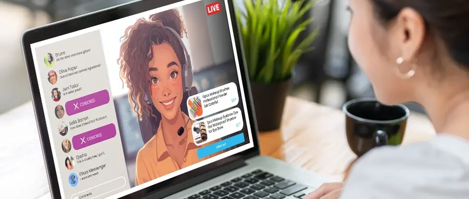 A person is sitting at a desk with a laptop in front of them. On the laptop screen is a live stream with a cartoon avatar of a young person with curly hair and freckles, alongside a live chat featuring several user comments and interactions.