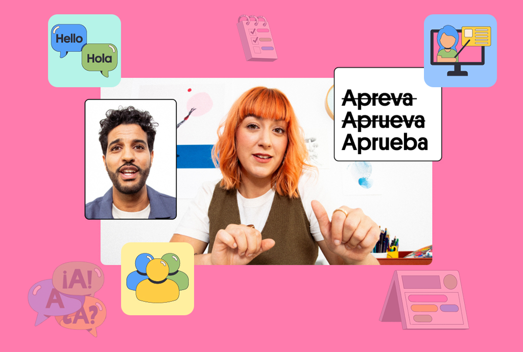 A person gestures with both hands while looking at the camera while anothe is shown in a smaller video call window. Surrounding them are icons representing communication and learning, with text in Spanish: "Aprueva".