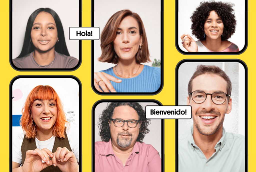 A collage shows six people in individual frames, smiling and looking at the camera against a yellow background