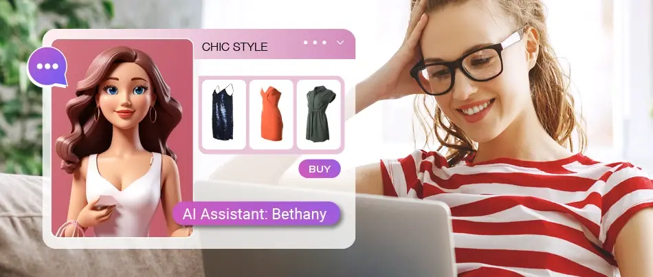 A woman in glasses and a striped shirt sits, smiling and holding her head while using a laptop, with a pop-up window on the screen featuring an AI assistant named Bethany.