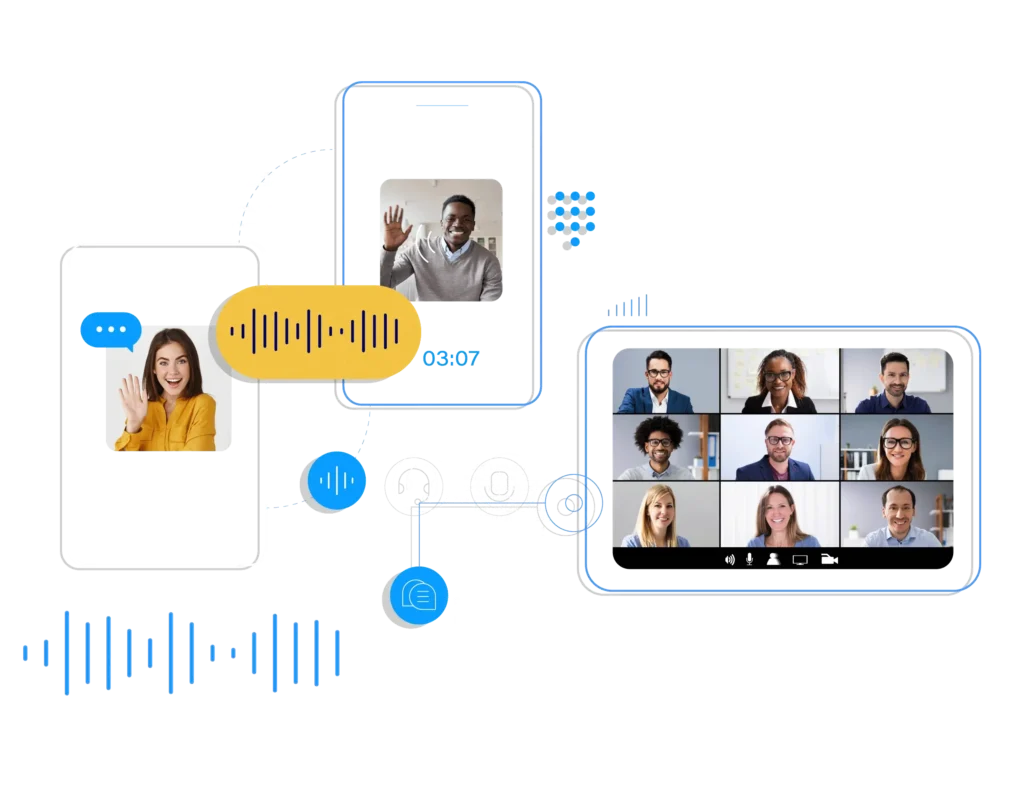 An illustration of various digital communication methods, including video calls on smartphones and a group video conference on a tablet